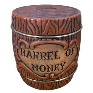 Vintage Barrel of Money Coin Bank‎ Ceramic Piggy Bank by Giftcraft Japan Brown
